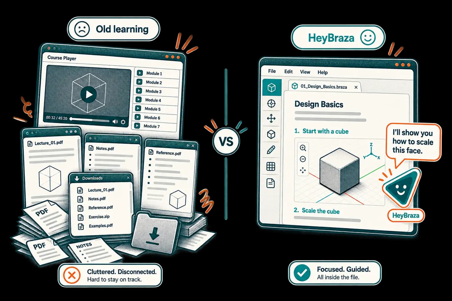 a course player and PDF pile against one guided lesson