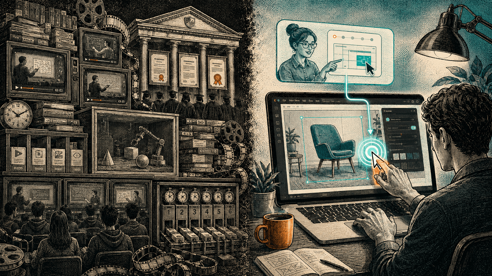 on the left, a dark wall of stacked lecture videos, film reels, certificates and a university facade with rows of graduates in caps; on the right, a person edits their own file on a laptop while an on-screen tutor points at the exact control in real time.