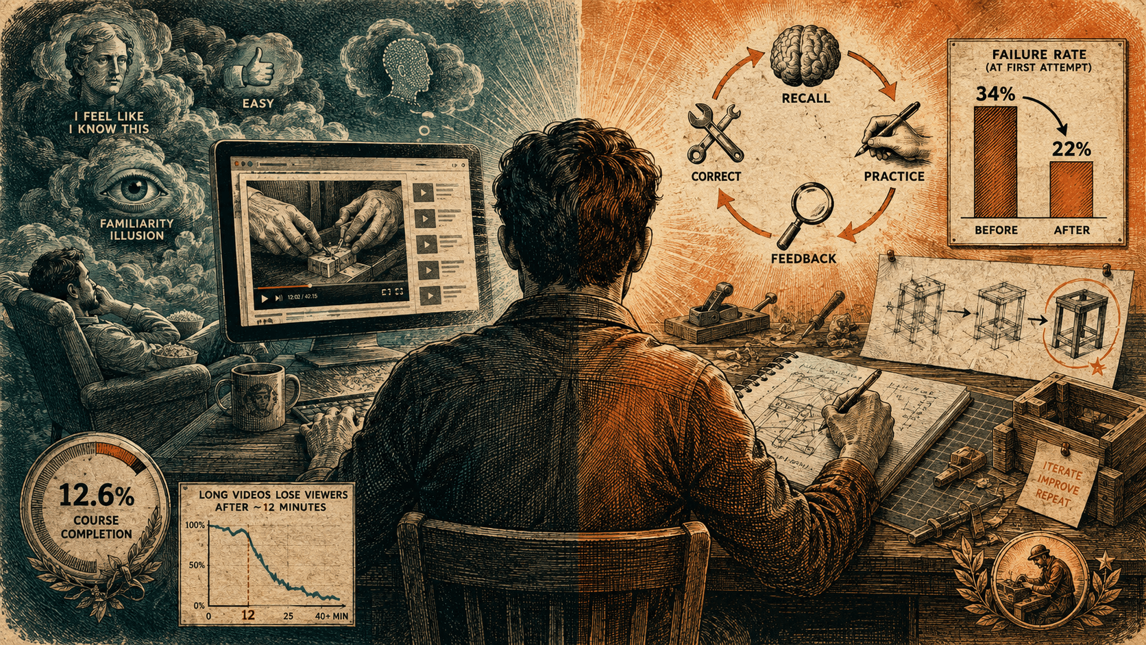 a split scene contrasting passive watching with active doing: on the left, a person watches a long video under thought-bubbles reading 'i feel like i know this' and a 12.6% course-completion dial; on the right, the same person builds by hand inside a recall-practice-feedback loop, with a chart showing first-attempt failure dropping from 34% to 22%.