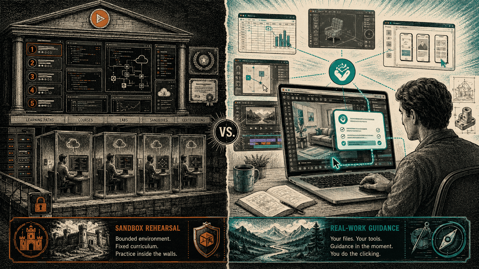 a split comparison: on the left, a dark institutional facade of learning paths, courses, labs and certifications with rows of people coding in isolated sandbox booths, labelled 'sandbox rehearsal - bounded, fixed curriculum'; on the right, a person works across their own real apps on their own laptop while an on-screen checklist guides them in the moment, labelled 'real-work guidance - your files, your tools, you do the clicking.'